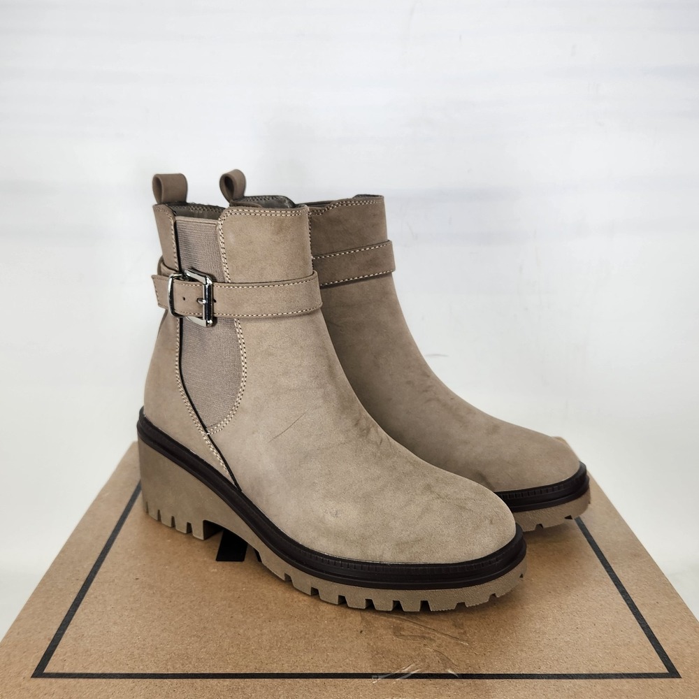 MIA Elis Bootie Women Size 6 Taupe Faux Suede Buckle Lug Sole Platform Ankle